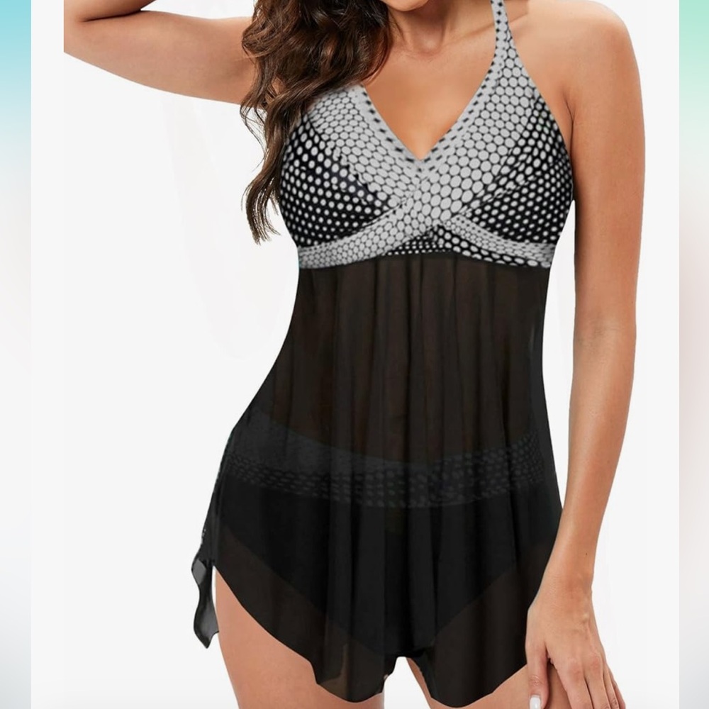 NWOT women’s modest swimwear black & white bikini set with solid black bottom XL